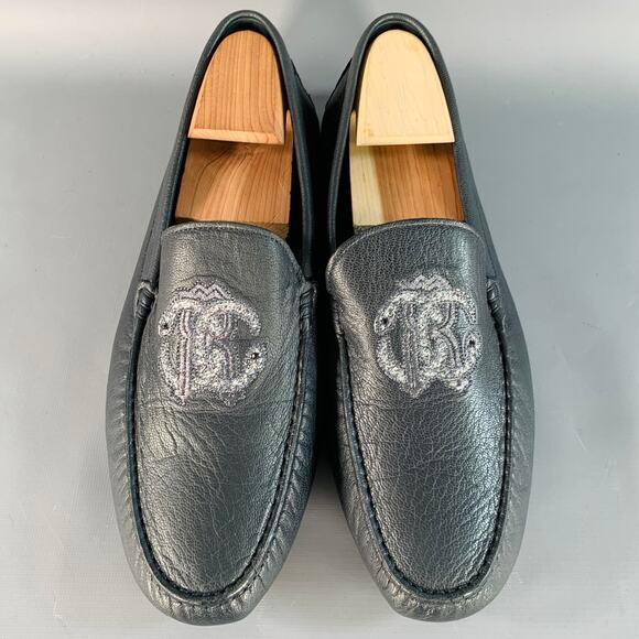 ROBERTO CAVALLI Size 11.5 Navy Silver Logo Embroidery Leather Drivers Loafers - Picture 4 of 8
